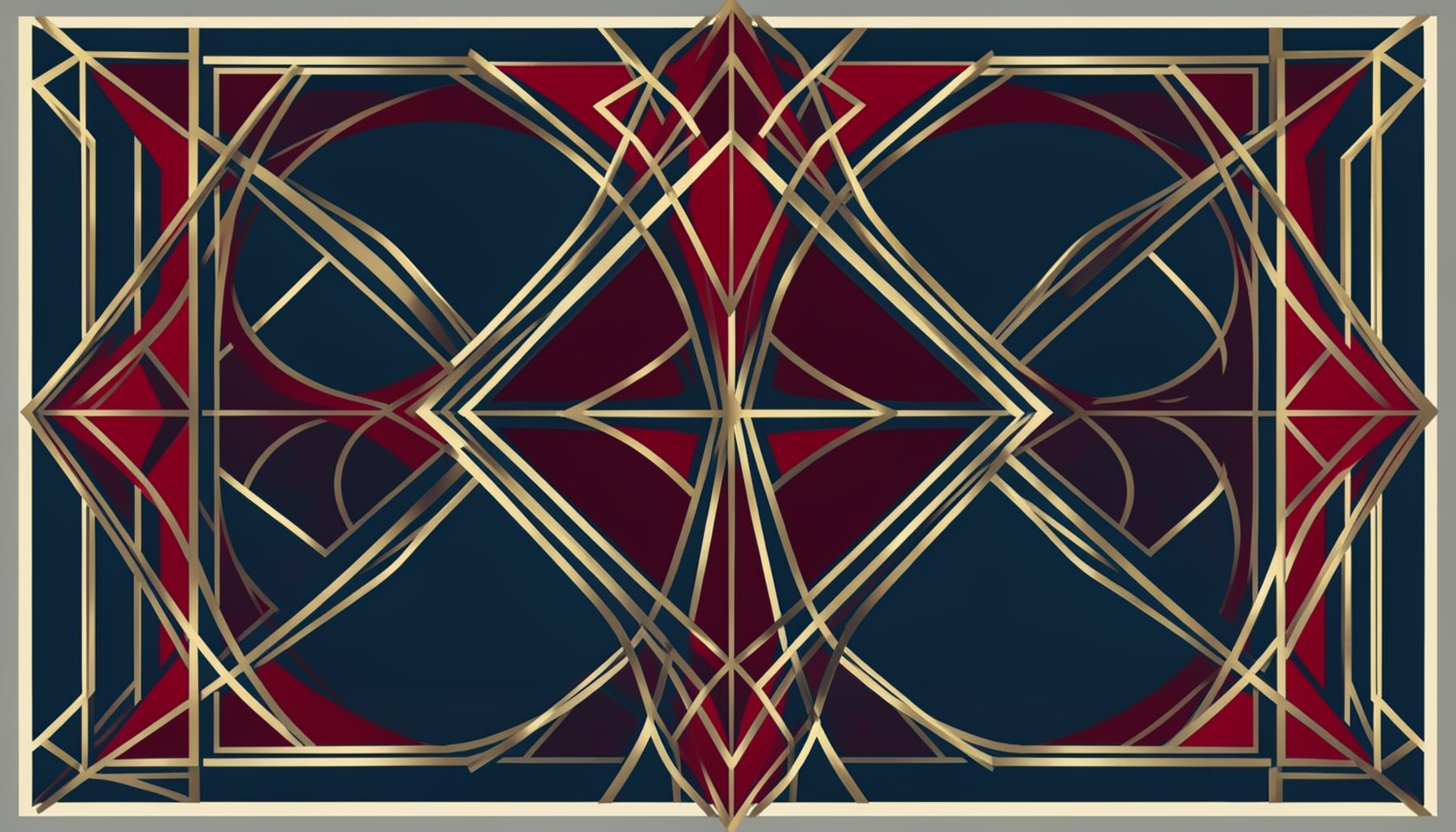 An art-deco geometric composition with symmetrical motifs in muted gold, deep navy, and cream tones, evoking order and intellectual clarity